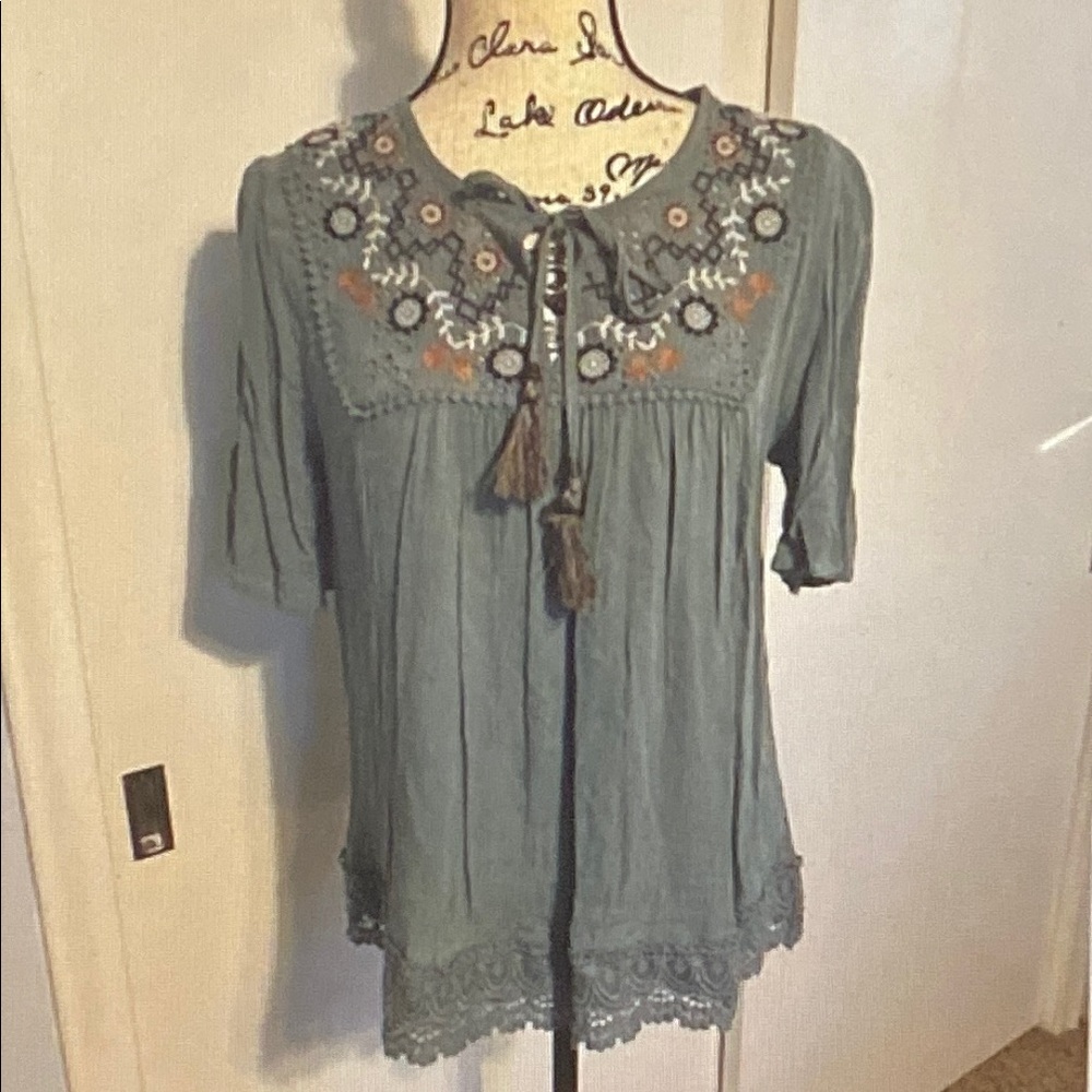 Knox Rose Slate Green Embroidered Peasant Blouse